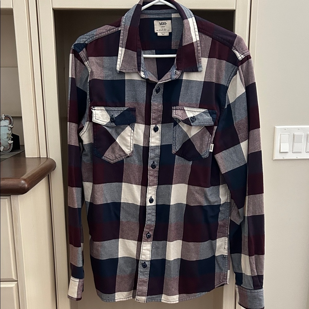 Vans Men's Casual Plaid Shirt - Burgundy, Navy, and Cream